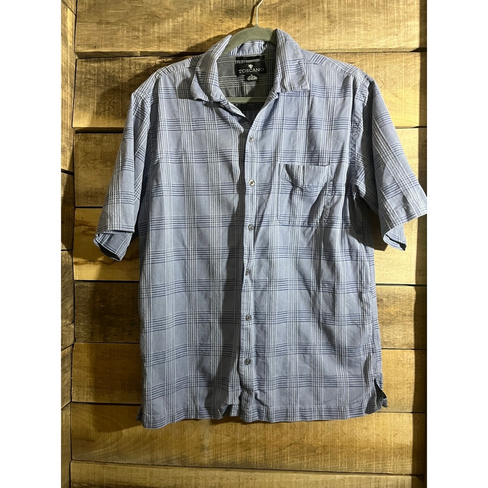 Toscano Mens Blue Plaid Silk Cotton Blend Short Sleeve Button Down Shirt Medium